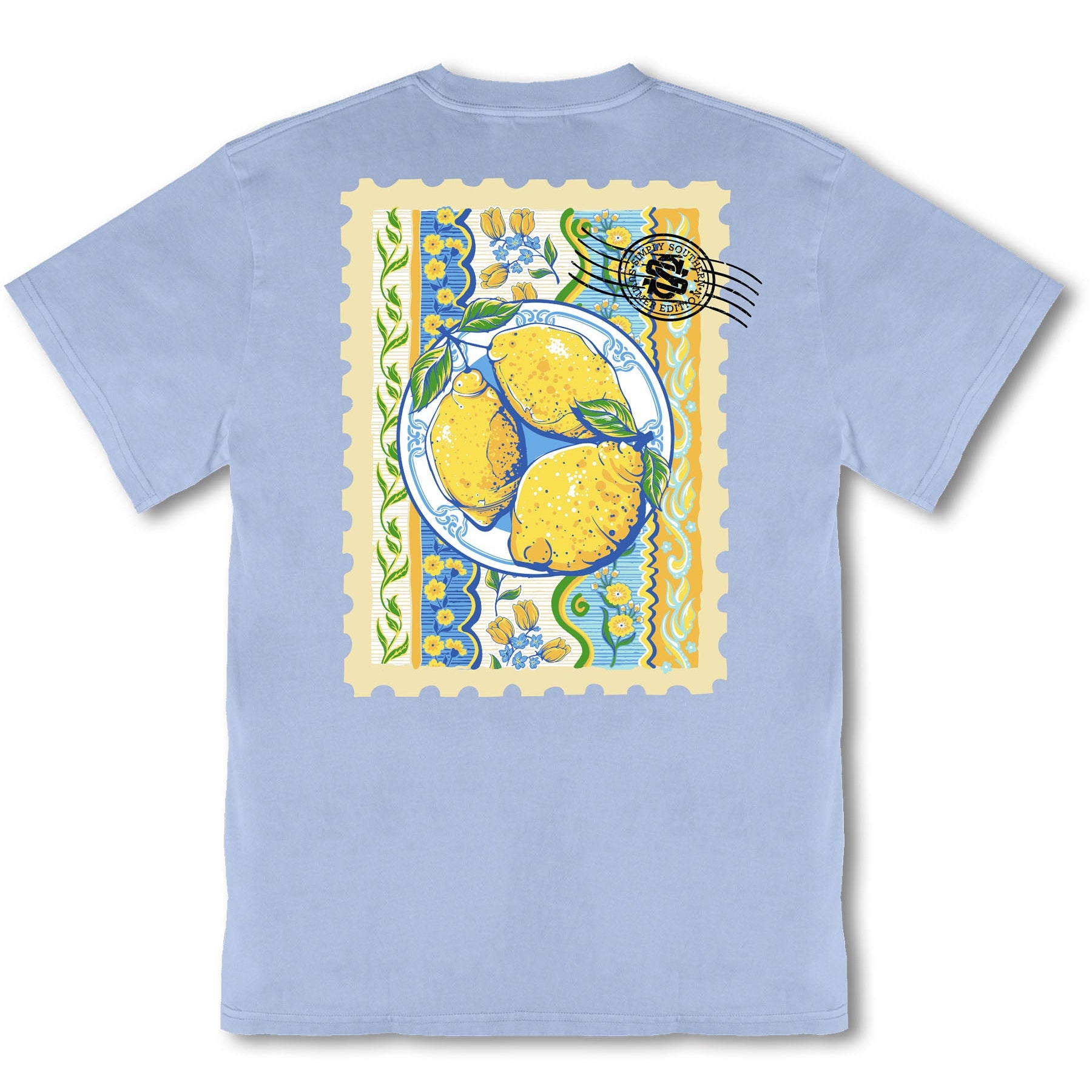 Simply Southern mineral washed faded blue t-shirt featuring a lemon stamp graphic on the back