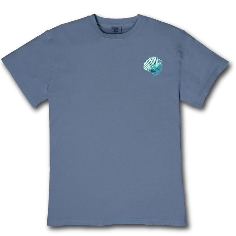 Simply Southern mineral washed overcast blue short sleeve t-shirt with small shell graphic on front chest