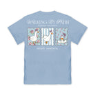 Back view of Simply Southern Walking by Faith mineral washed graphic tee in Faded Blue with three illustrated geese, pink bows, floral patterns and humorous faith-inspired text.