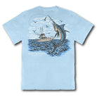 Simply Southern glacier blue t-shirt featuring marlin jumping from ocean with fishing boat graphic on back