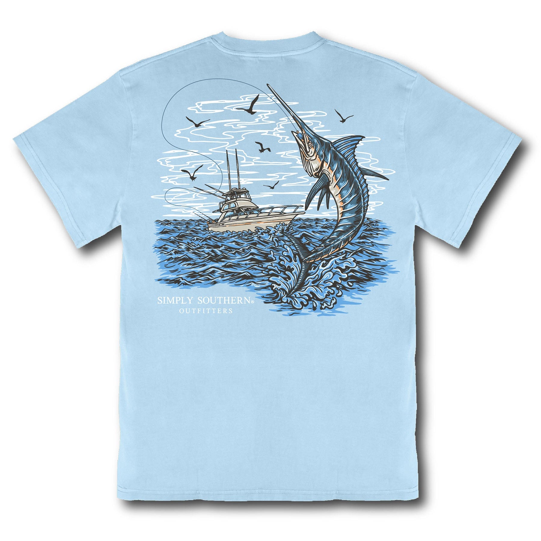 Simply Southern glacier blue t-shirt featuring marlin jumping from ocean with fishing boat graphic on back