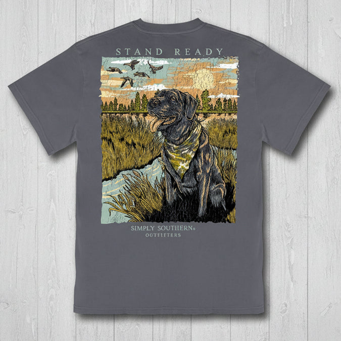Simply Southern mineral washed graphite t-shirt with Stand Ready hunting dog graphic on the back