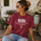 Woman wearing a Mama Longhorn Back Porch Apparel Shirt