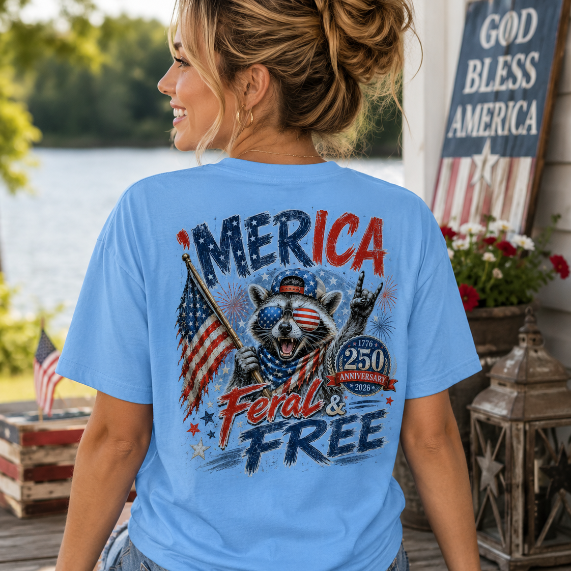 Woman wearing a Merical Feral and Free Back Porch Apparel Shirt