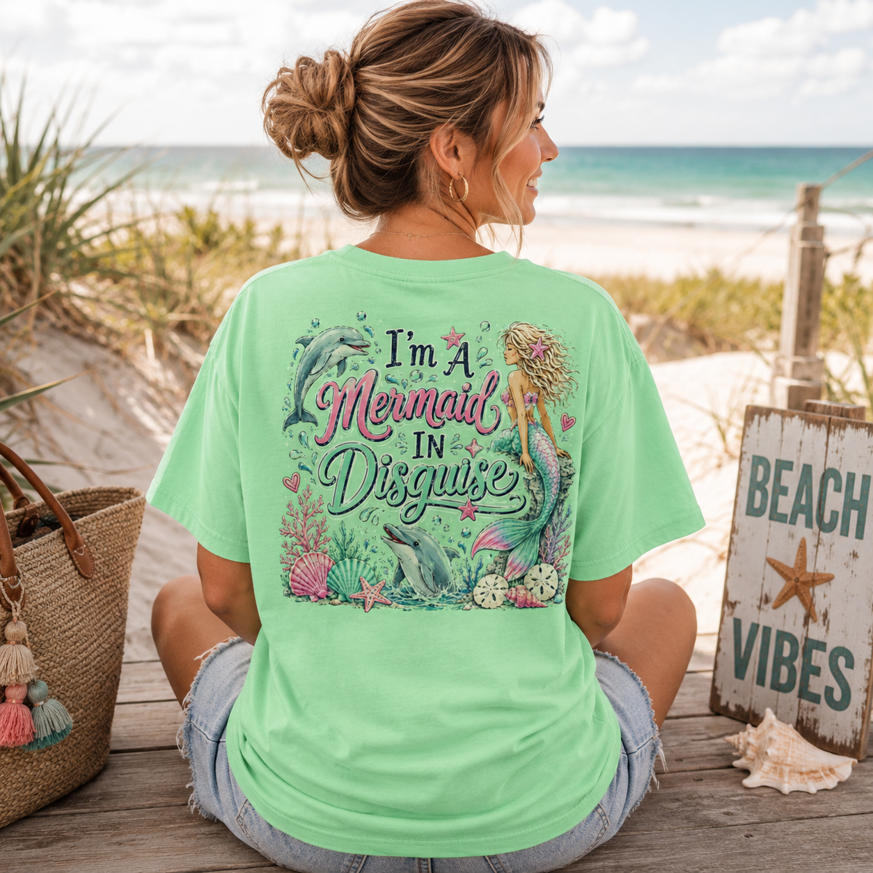 Woman wearing a I'm A Mermaid in Disguise Back Porch Apparel Shirt