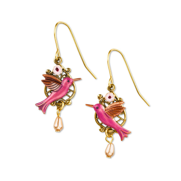 Silver Forest Hummingbird on Gold Filigree USA Hand Crafted Hypoallergenic Earrings
