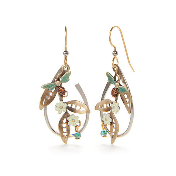 Silver Forest Gold Floral and Bees USA Hand Crafted Hypoallergenic Earrings