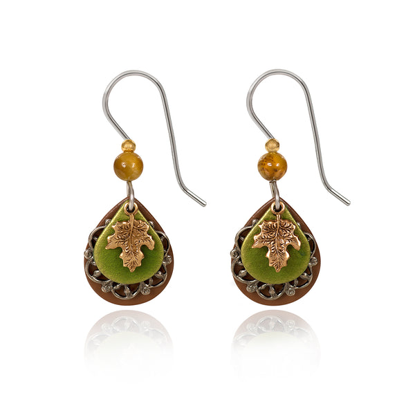 Silver Forest Silver Dainty Leaf on Green Teardrop USA Hand Crafted Hypoallergenic Earring