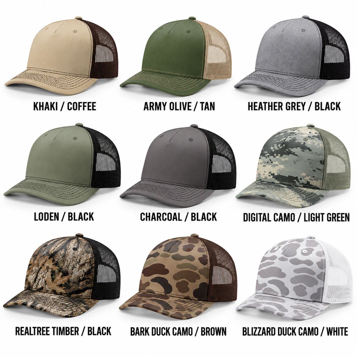 A 3x3 grid showing nine trucker-style baseball caps with different color and camouflage options, each labeled with its name and color combination (e.g.
