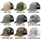 A 3x3 grid showing nine trucker-style baseball caps with different color and camouflage options, each labeled with its name and color combination (e.g.