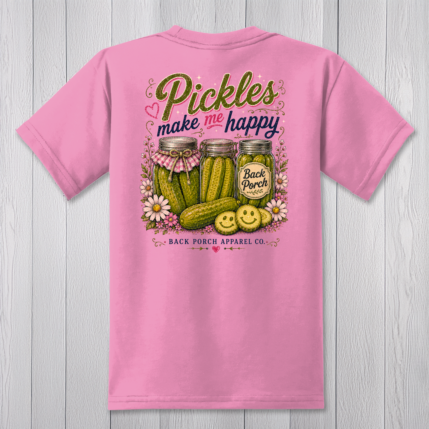 Funny kids Pickles Make Me Happy graphic t-shirt featuring pickle jars on a candy pink youth tee.