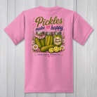 Funny kids Pickles Make Me Happy graphic t-shirt featuring pickle jars on a candy pink youth tee.