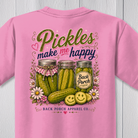 Close-up of the Youth Pickles Make Me Happy graphic with pickle jars, flowers, and vintage artwork.