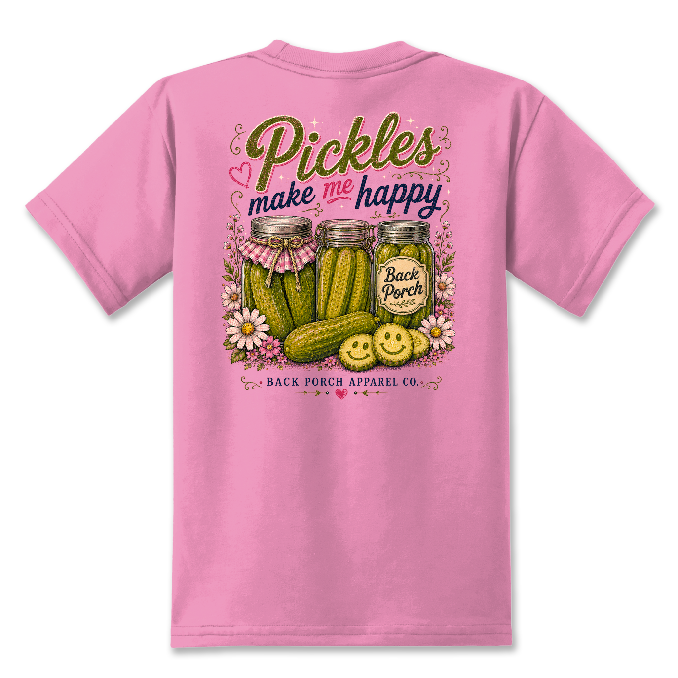 Youth Pickles Make Me Happy t-shirt on a candy pink 50/50 blend tee by Back Porch Apparel Co.