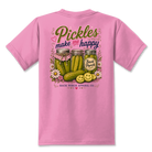 Youth Pickles Make Me Happy t-shirt on a candy pink 50/50 blend tee by Back Porch Apparel Co.