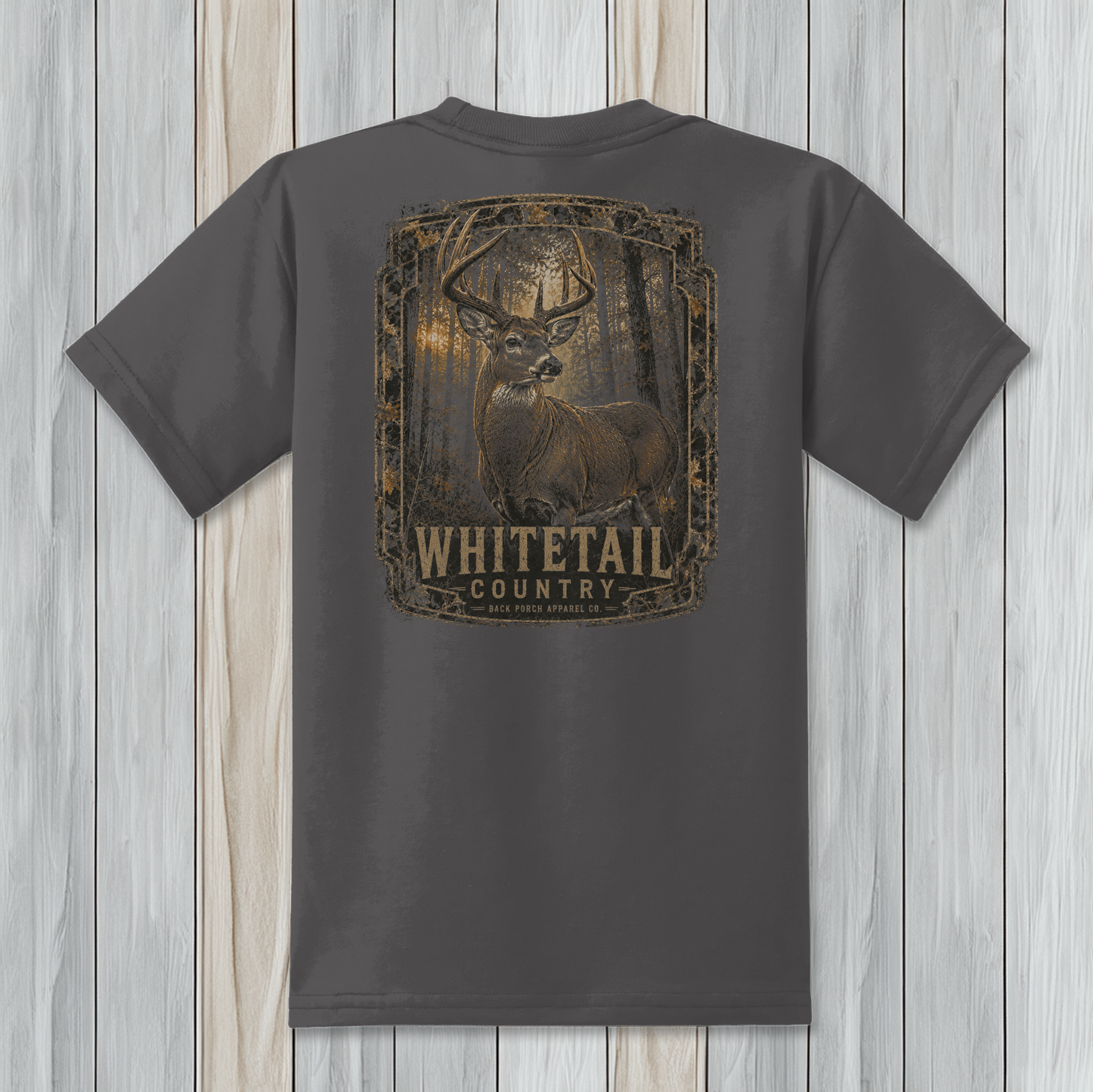 Youth Whitetail Country t-shirt on a charcoal 50/50 blend tee featuring a vintage whitetail deer graphic.