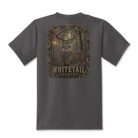 Kids Whitetail Country hunting graphic t-shirt with a vintage buck design on a charcoal youth tee.