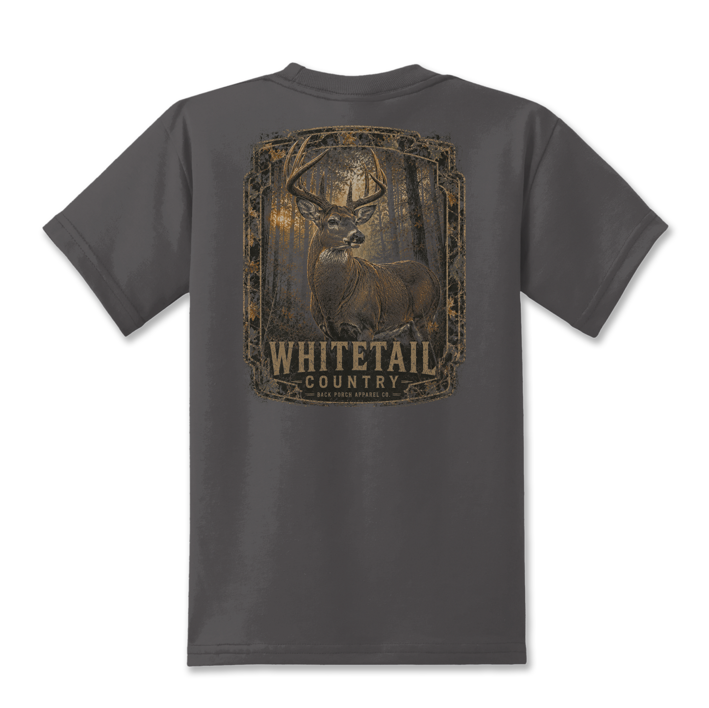 Kids Whitetail Country hunting graphic t-shirt with a vintage buck design on a charcoal youth tee.