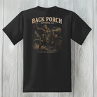 Youth Bigfoot Riding T-Rex t-shirt on a black 50/50 blend tee featuring a vintage dinosaur graphic.