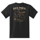 Kids Bigfoot Riding T-Rex graphic t-shirt on a black youth tee by Back Porch Apparel Co.