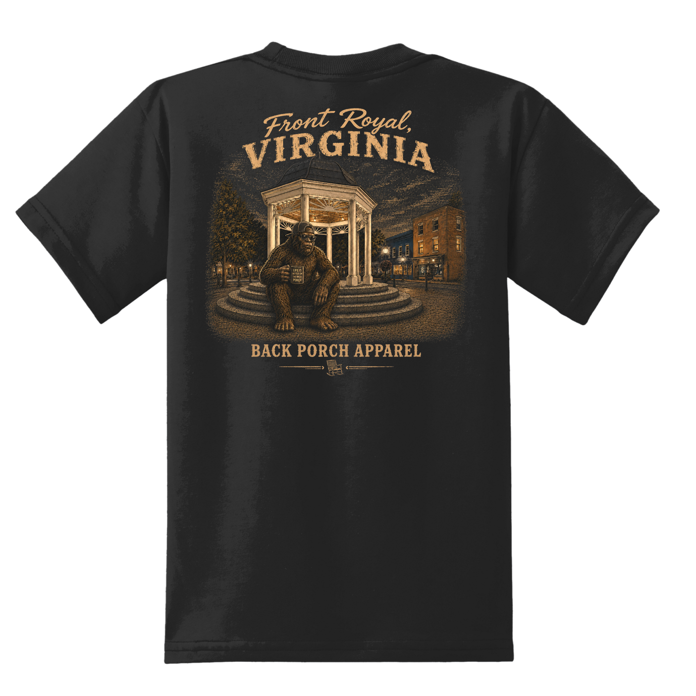 Youth Bigfoot in Front Royal t-shirt on a black 50/50 blend tee featuring the downtown gazebo and Bigfoot graphic.