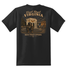 Youth Bigfoot in Front Royal t-shirt on a black 50/50 blend tee featuring the downtown gazebo and Bigfoot graphic.