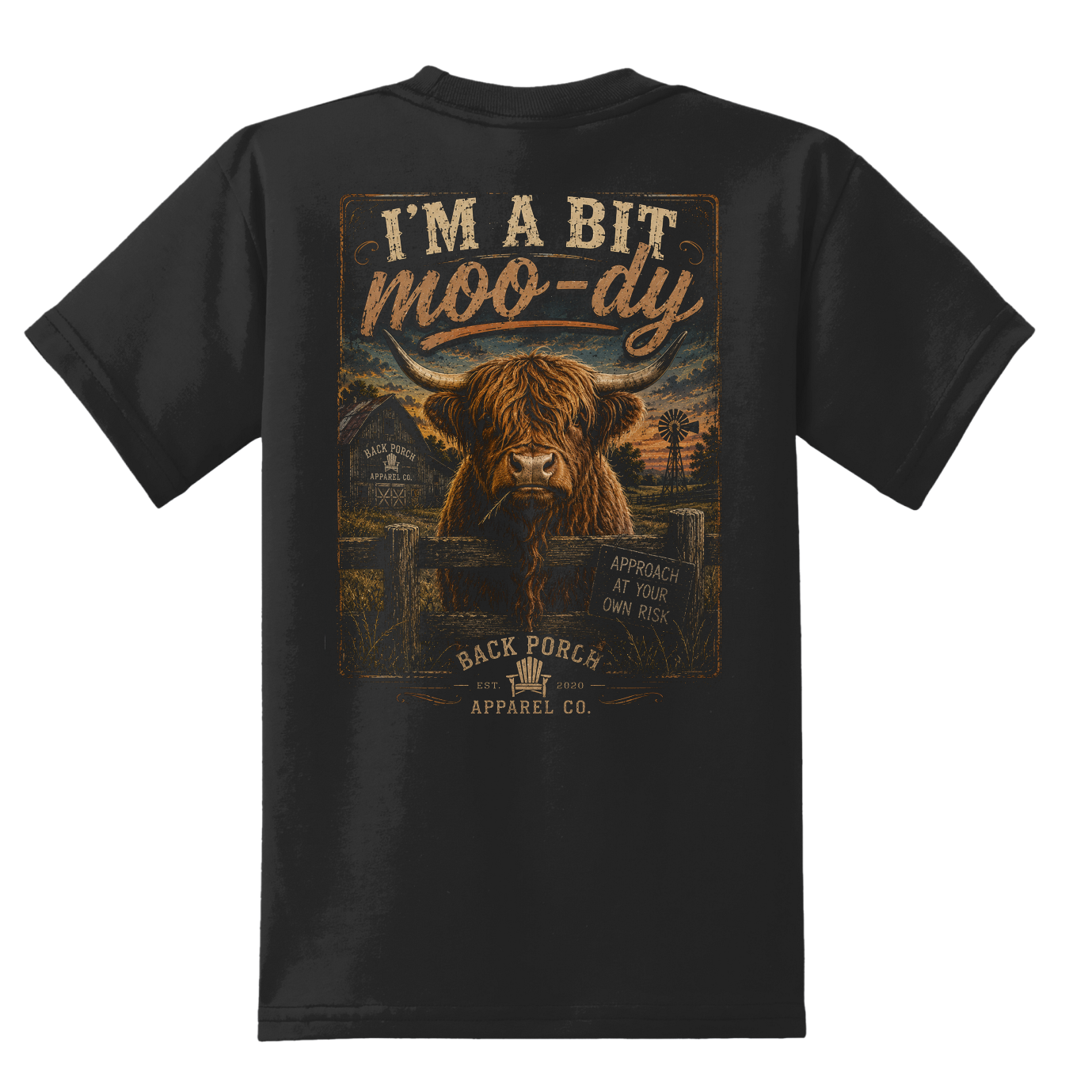 Kids Moody Highland Cow graphic t-shirt with a funny farm design on a black youth tee.