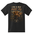 Kids Moody Highland Cow graphic t-shirt with a funny farm design on a black youth tee.