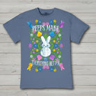 Overcast blue short sleeve t-shirt featuring colorful Peeps bunny graphic and “Peeps Make Everything Better” text