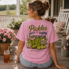 Woman wearing a Pickles Make Me Happy Back Porch Apparel Shirt