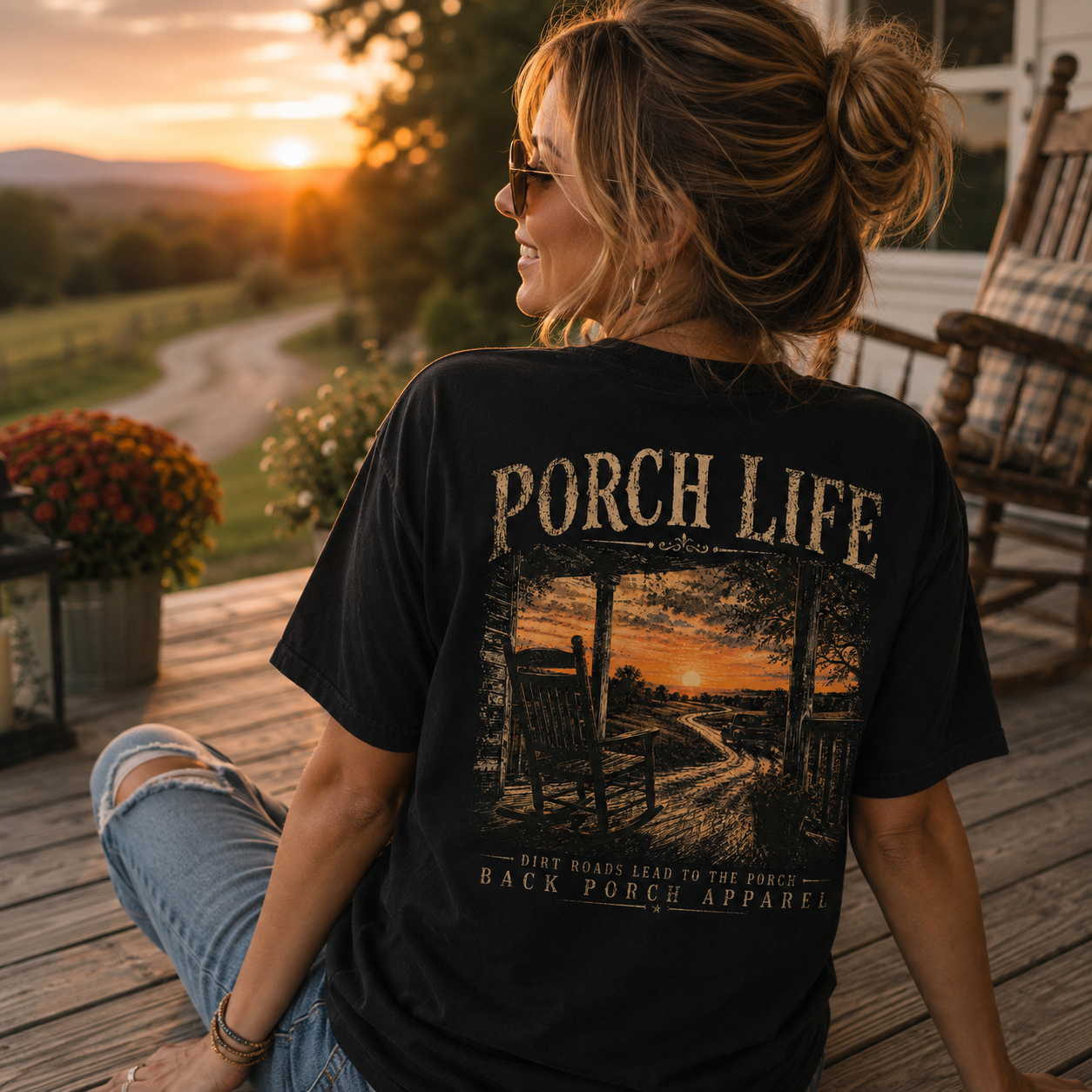 Woman wearing a Dirt Roads Porch Life Back Porch Apparel Shirt