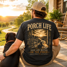 Man wearing a Dogs Are Better On the Porch Back Porch Apparel Comfort Colors Shirt