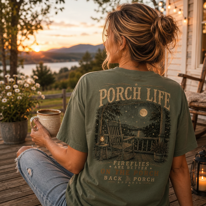 Woman wearing a Porch Life Fireflies Are Better On The Porch Back Porch Apparel Shirt