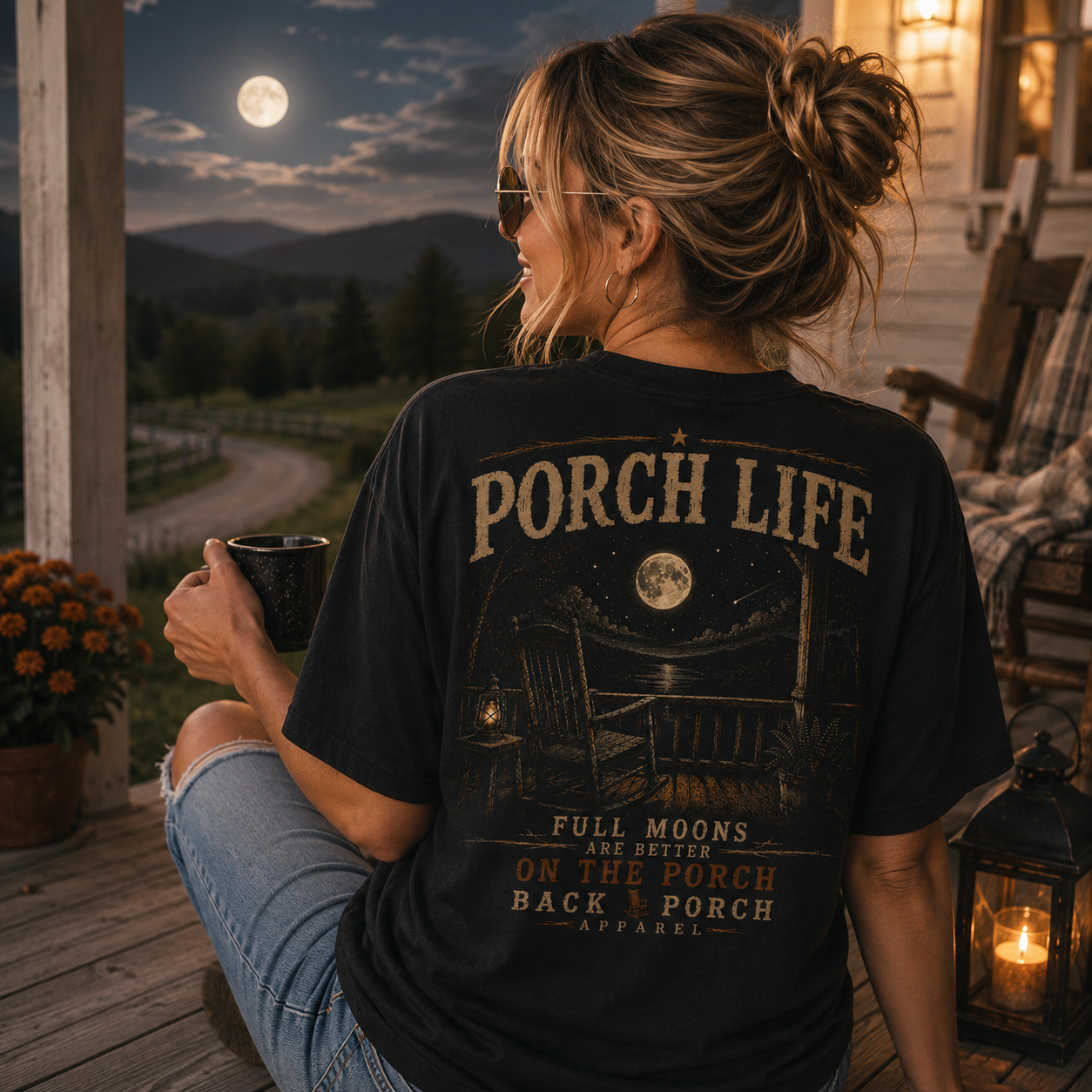 Woman wearing a Porch Life Full Moons Are Better Back Porch Life shirt