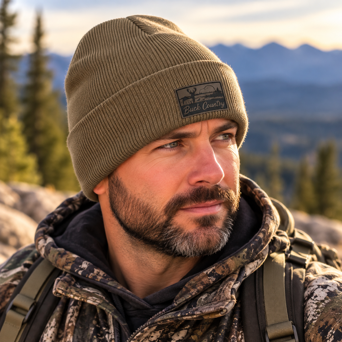 Man wearing a Coyote Brown Back Porch Apparel cuffed knit beanie with a charcoal leather Buck Country deer and mountain landscape patch, photographed outdoors against a mountain backdrop.