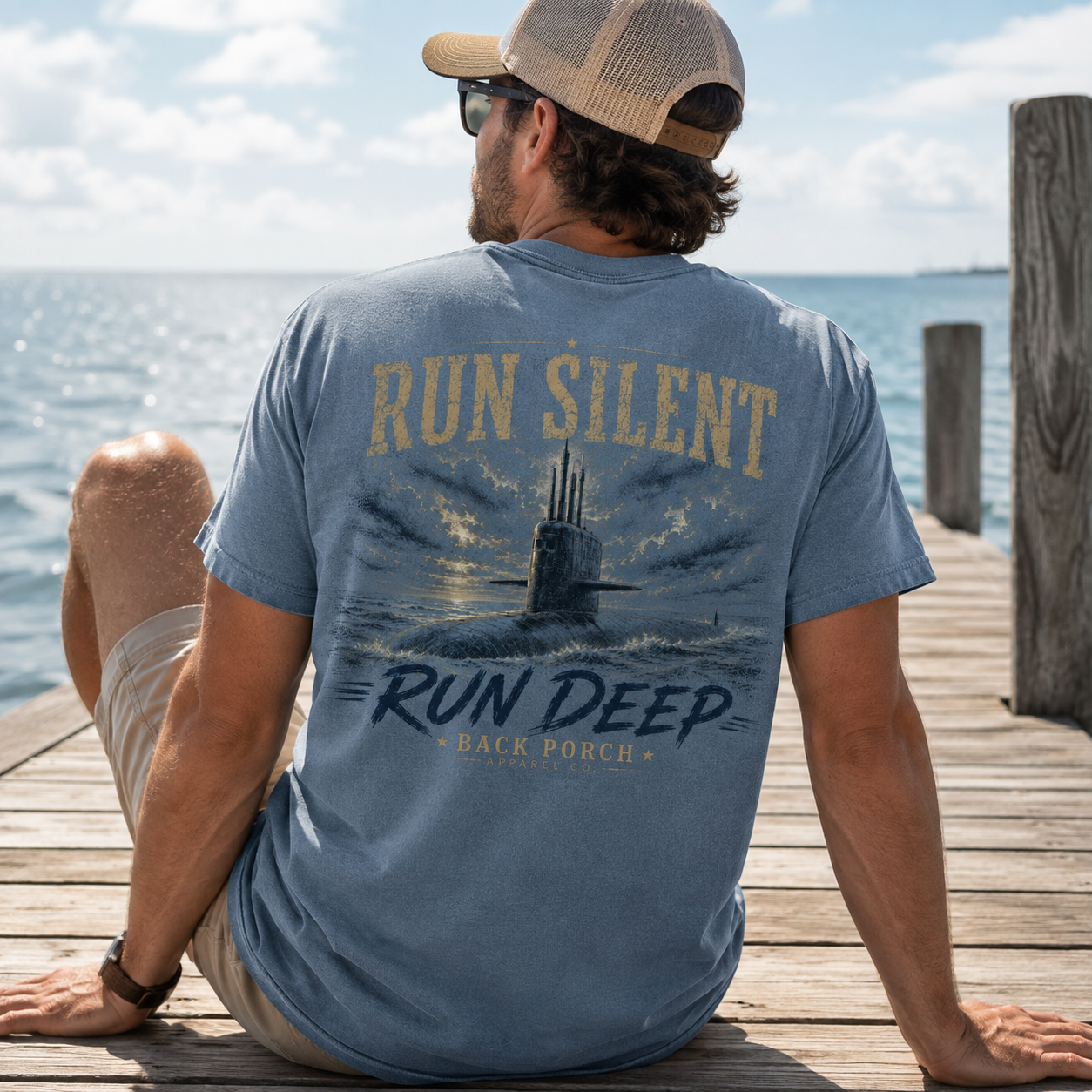 Man wearing a Run Silent Run Deep Back Porch Apparel Comfort Colors Shirt