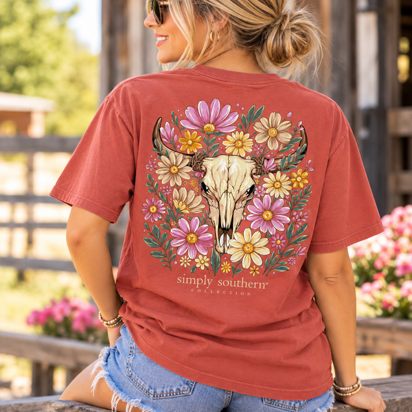 Simply Southern Floral Longhorn Skull Short Sleeve T-Shirt – Rust