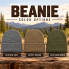 Back Porch Apparel cuffed knit beanies available in three colors: Heather Grey, Coyote Brown, and Olive Drab Green, displayed against a scenic mountain backdrop.