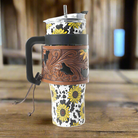 Myra Wide Wyoming 40oz Stainless Steel Tumbler Black and White Cow with Sunflowers and Hand Tooled Leather