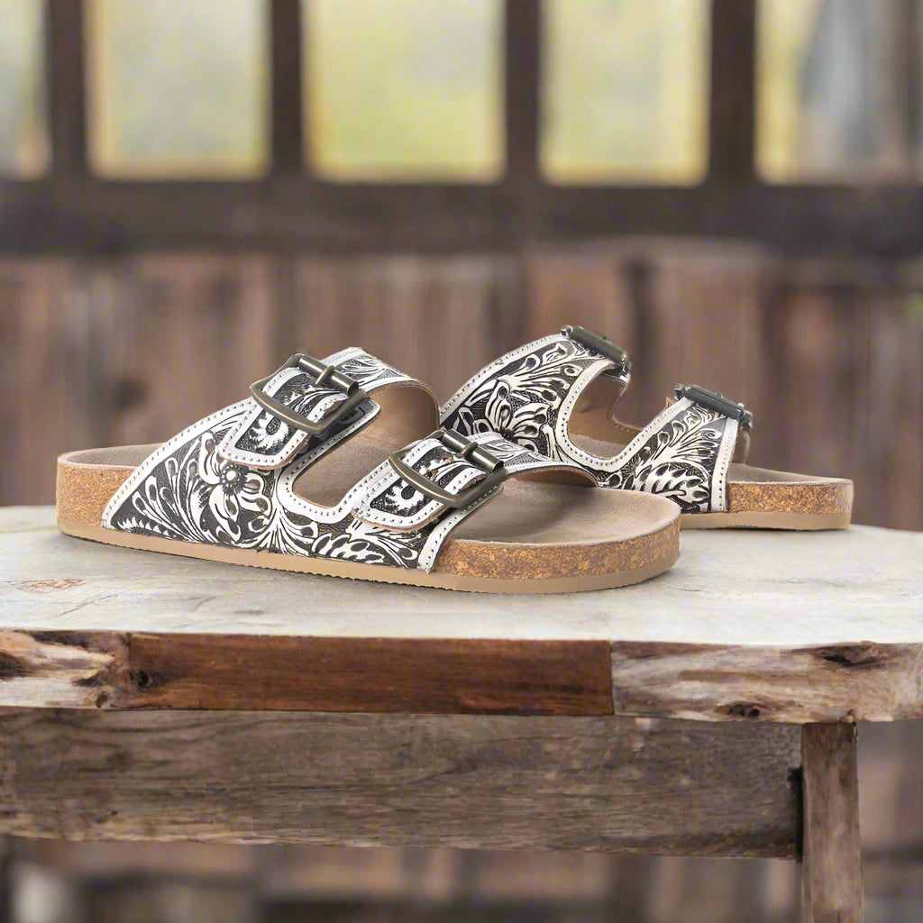 Myra Hand Tooled Leather Mesa Scroll Sandals in Black & White