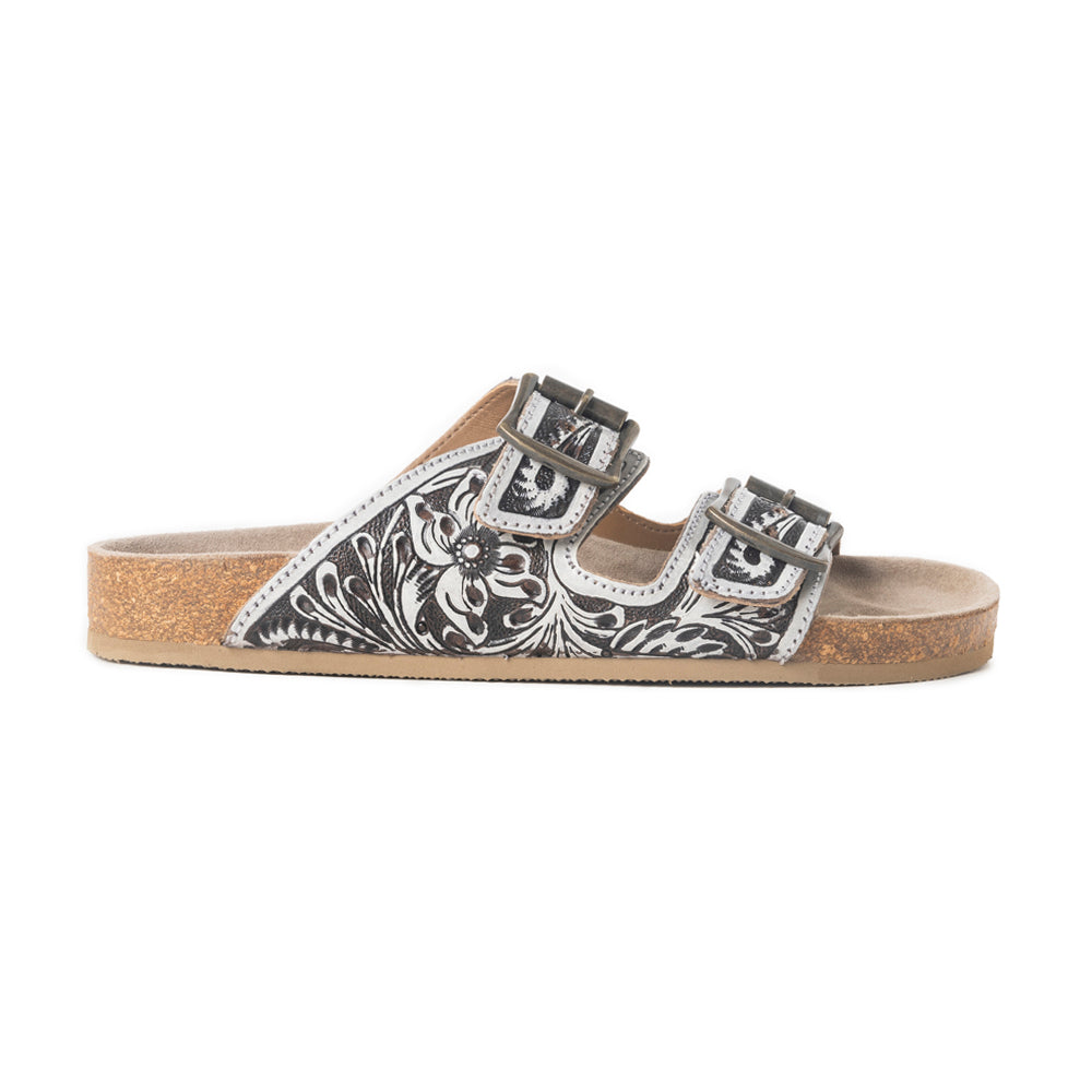 Myra Hand Tooled Leather Mesa Scroll Sandals in Black & White