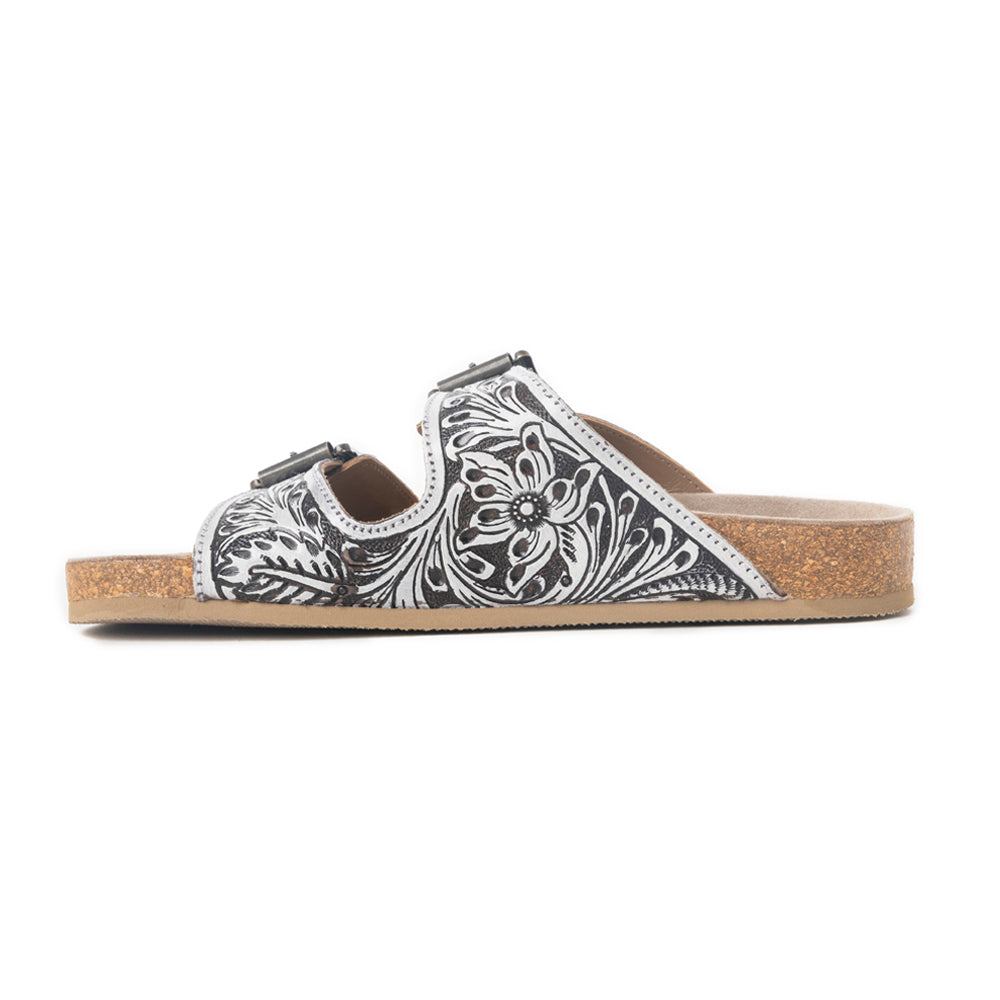 Myra Hand Tooled Leather Mesa Scroll Sandals in Black & White