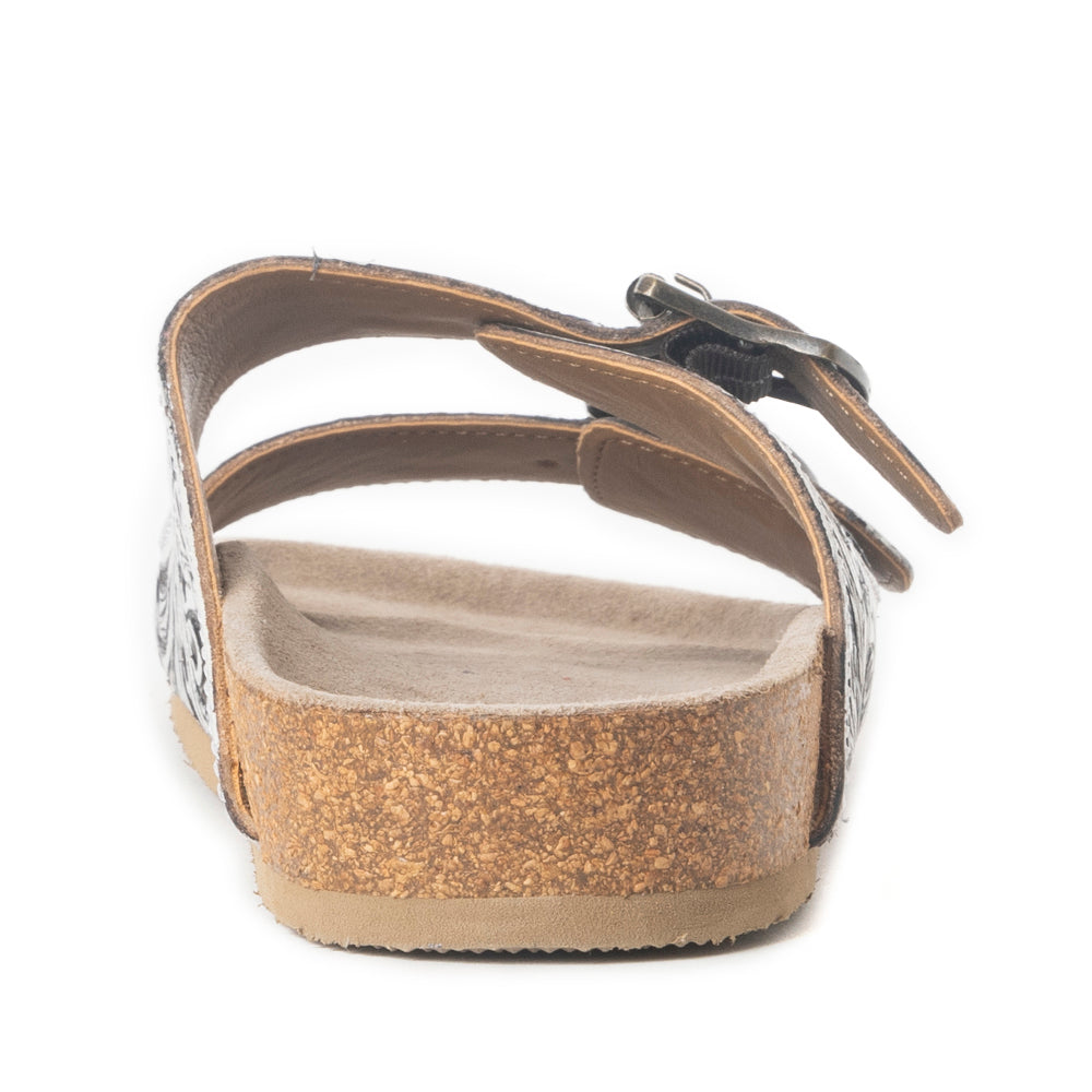 Myra Hand Tooled Leather Mesa Scroll Sandals in Black & White