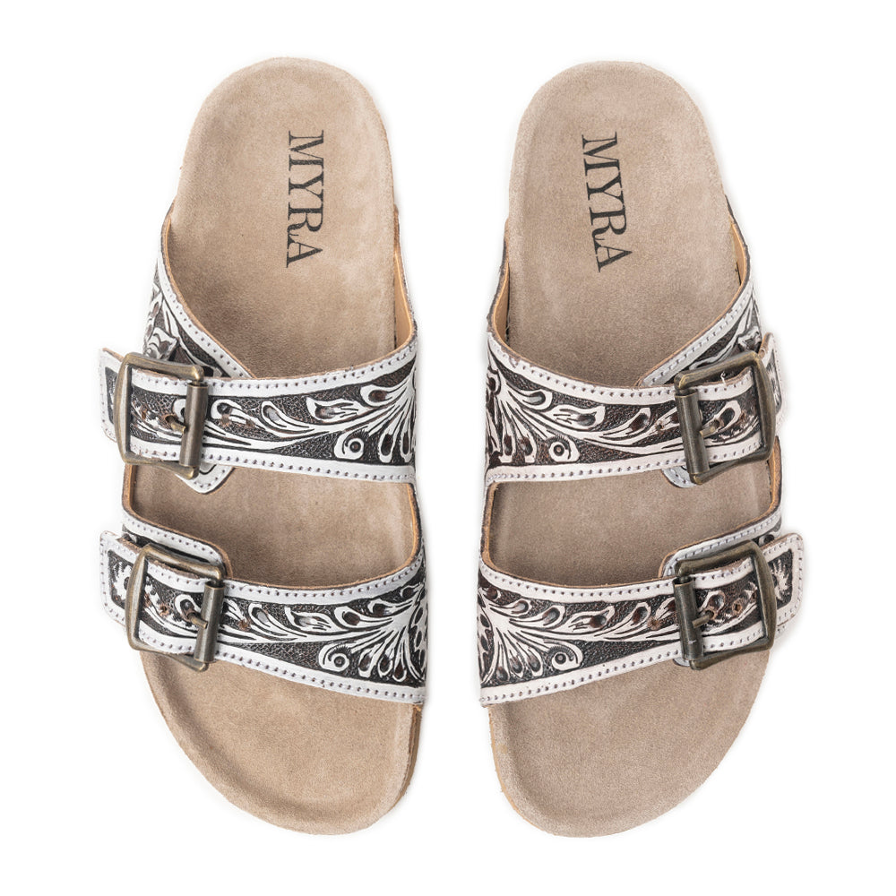 Myra Hand Tooled Leather Mesa Scroll Sandals in Black & White