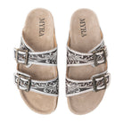 Myra Hand Tooled Leather Mesa Scroll Sandals in Black & White