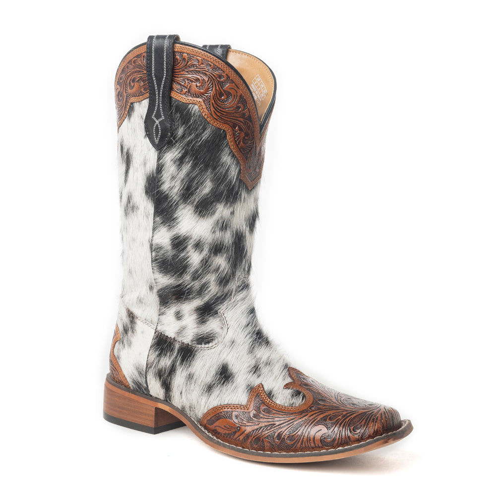 Mesa Cloud Handtooled Leather Boots in Black & White