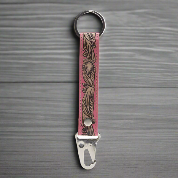 Pink Skies Hand-Tooled Leather Key Fob: Nature's Elegance