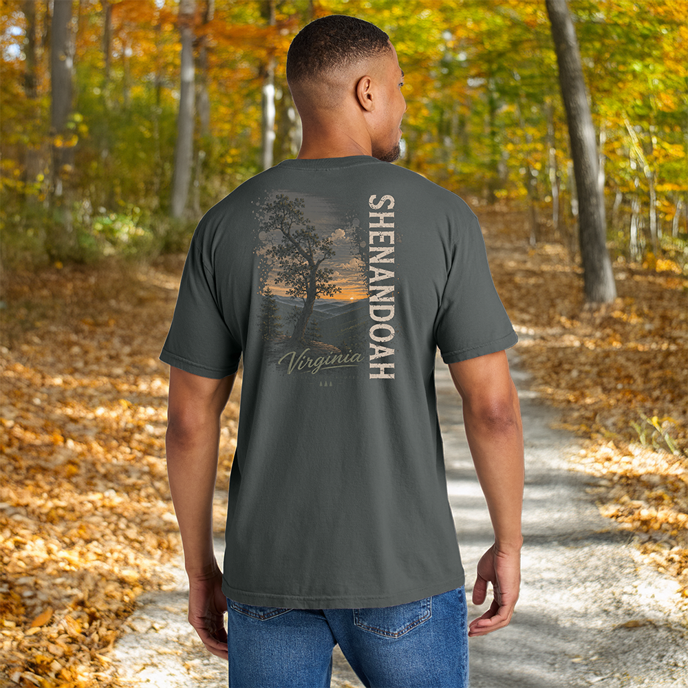 Model wearing a Comfort Colors Pepper Shenandoah Virginia sunset t-shirt featuring a Blue Ridge mountain landscape and vintage outdoor graphic.