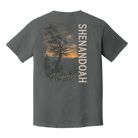 Back view of Comfort Colors Pepper Shenandoah Virginia sunset graphic t-shirt with vintage mountain landscape artwork.