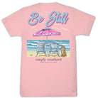 Simply Southern Be Still pink short sleeve cotton tee with beach chairs, umbrella, ocean waves, and dog graphic